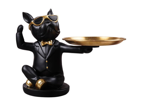 Gentleman Dog Statue with Gold Catchall Tray - 19cm